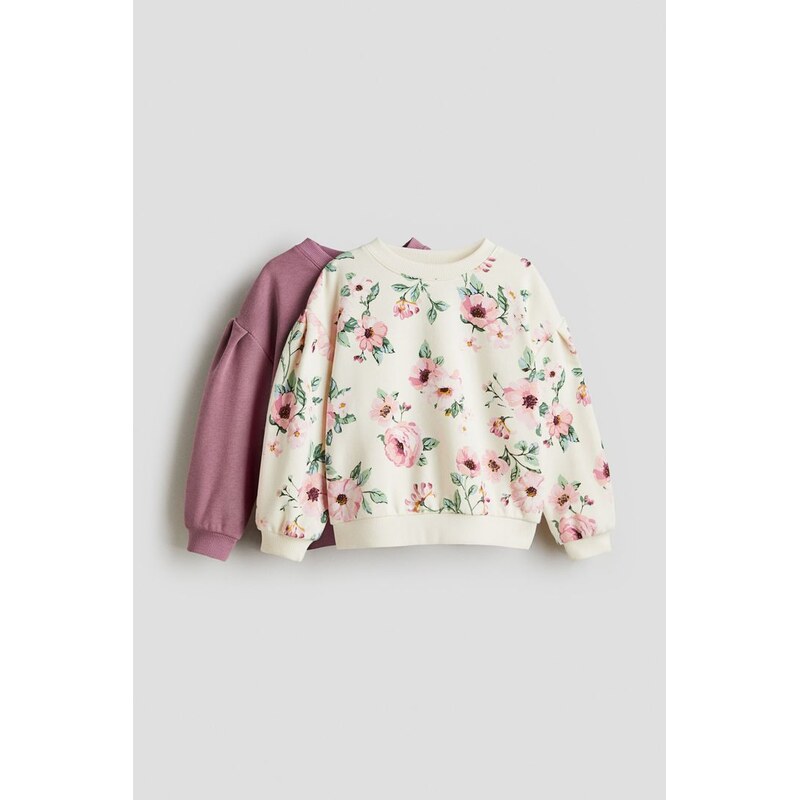 H&M - Mikinas nabíraným rukávem 2 kusy - Švestková/Květiny