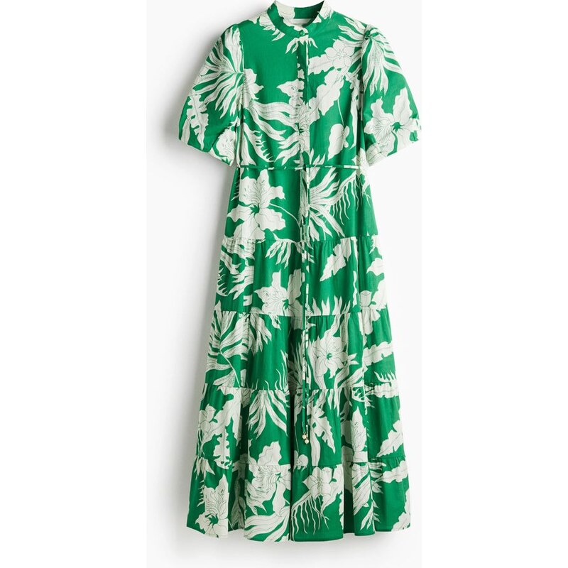 H&M - Dlouhé bavlněné šaty - Zelená/Květy
