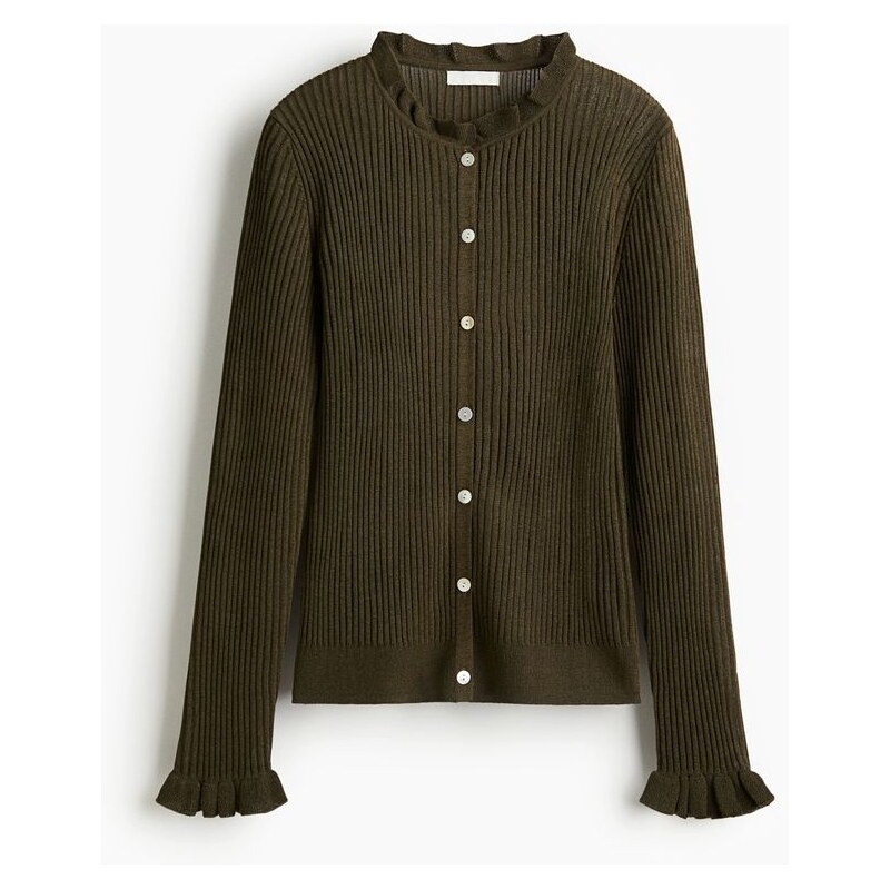 H&M - Propínací svetr z žebrovaného úpletu - Tmavě Zelená Khaki