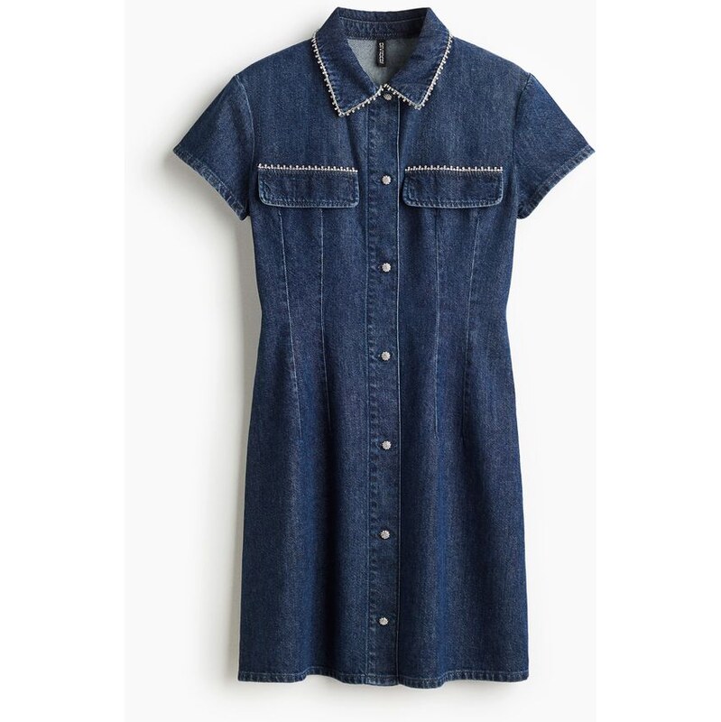 H&M - Zdobené džínové šaty - Tmavý Denim Blue