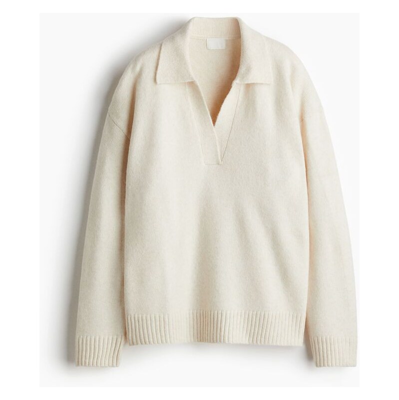 H&M - Jemně pletený svetrs límcem - Krémová