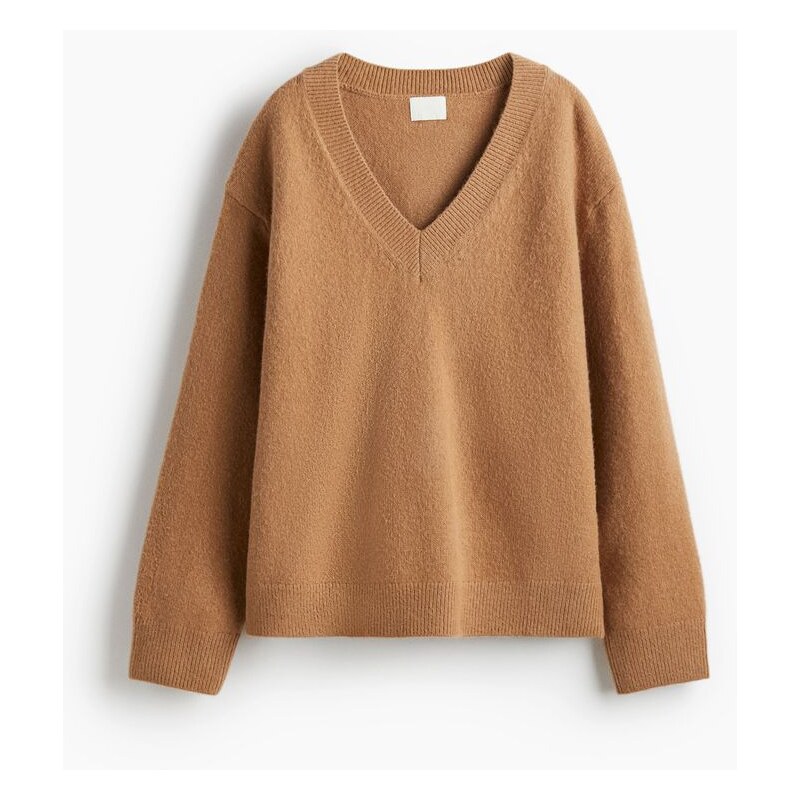 H&M - Oversized svetrs výstřihem do V - Tmavě Béžová