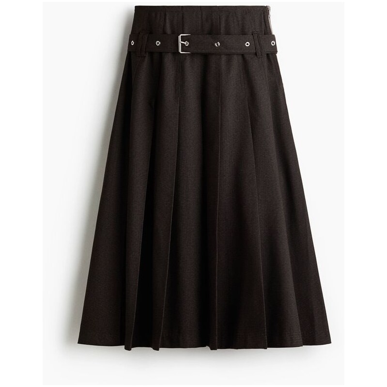 H&M - Skládaná sukně s páskem - Tmavě Hnědá