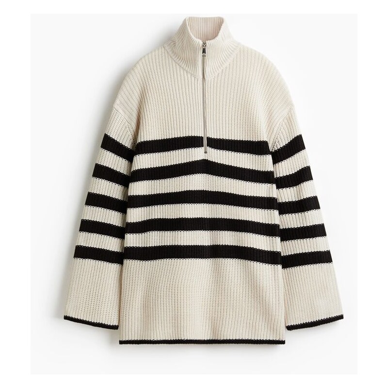 H&M - Huňatý svetrs horním zipem - Světle Béžová/Proužky