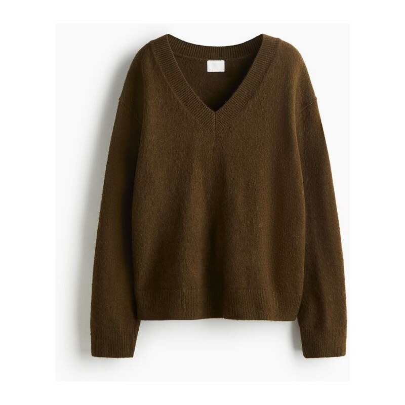H&M - Oversized svetrs výstřihem do V - Tmavě Zelená Khaki