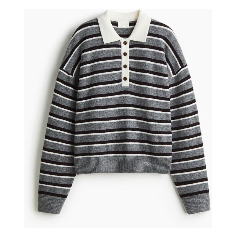 H&M - Oversized svetrs límečkem - Šedý Melír/Proužky