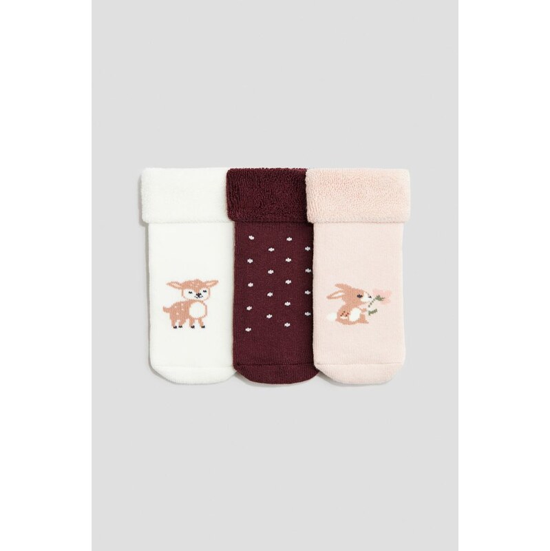 H&M - Ponožky z froté 3 páry - Tmavě Červená/Puntíky
