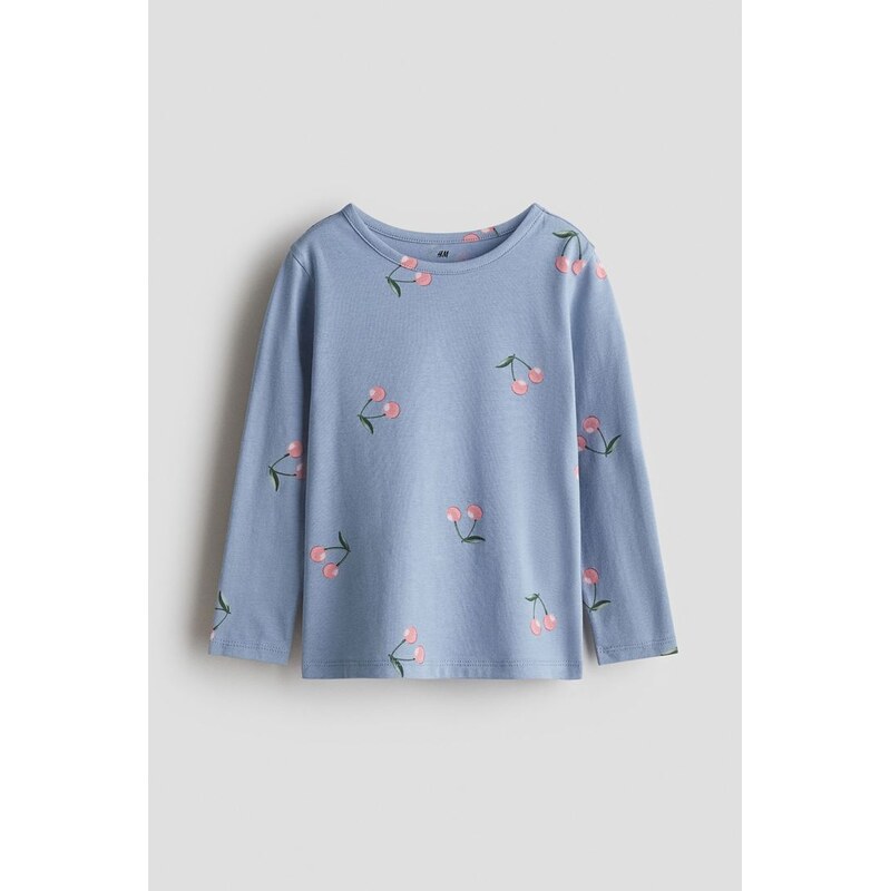 H&M - Žerzejový tops potiskem - Bleděmodrá/Třešně