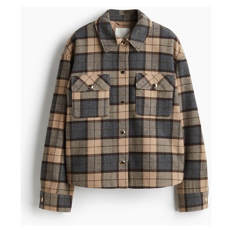 H&M - Oversized košilová bunda - Světle Béžová/Kostka