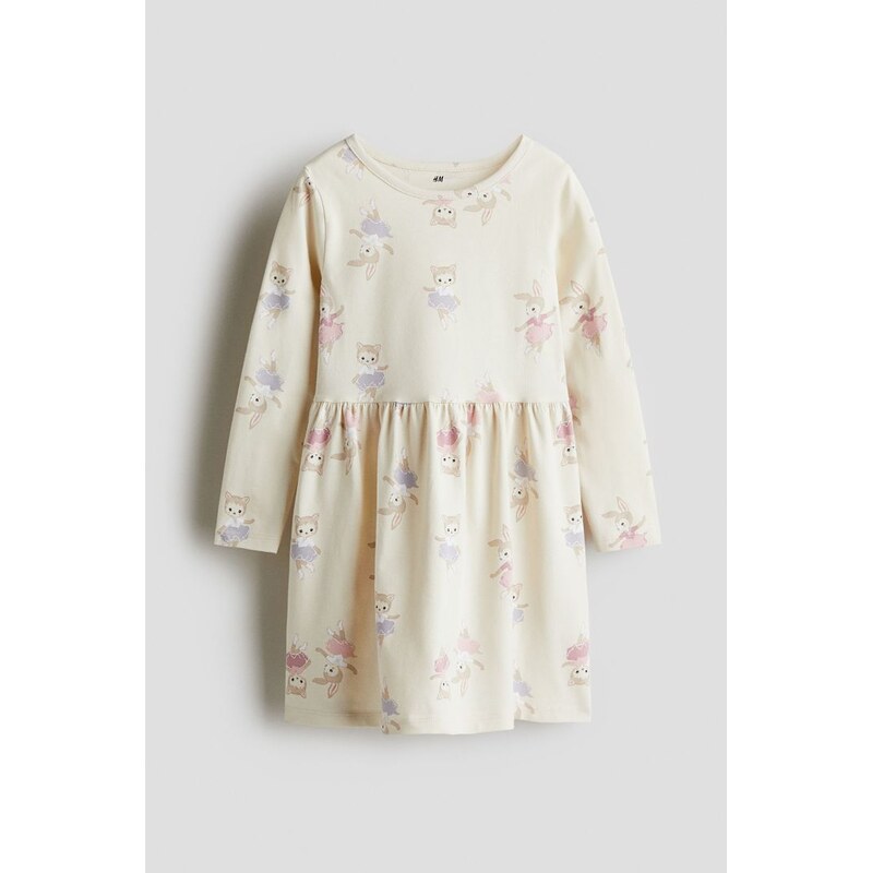 H&M - Bavlněné šatys potiskem - Světle Béžová/Baletky