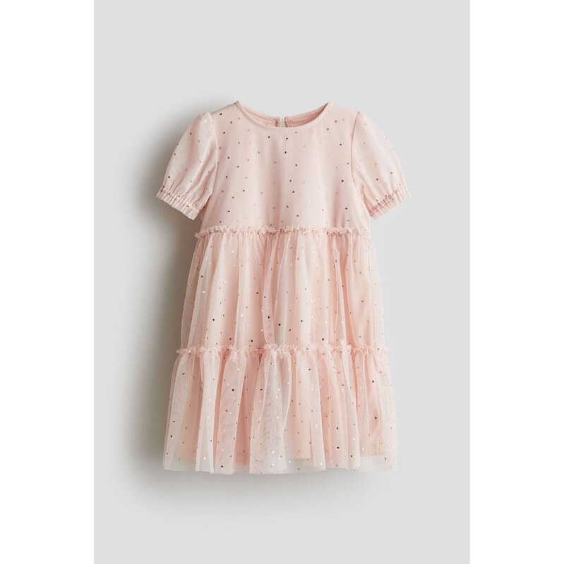 H&M - Tylové šatys fóliovým potiskem - Růžová/Srdíčka