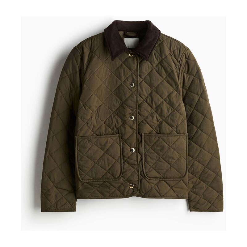 H&M - Prošívaná bundas manšestrovým límcem - Khaki Zelená