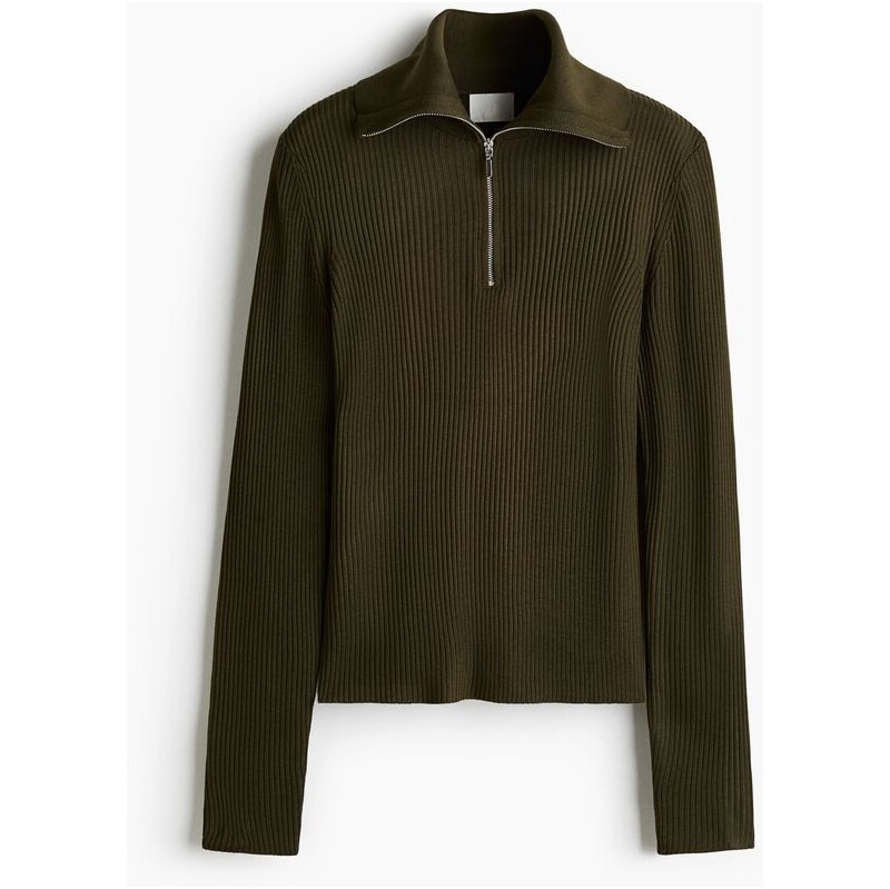 H&M - Top z žebrovaného úpletus horním zipem - Tmavě Zelená