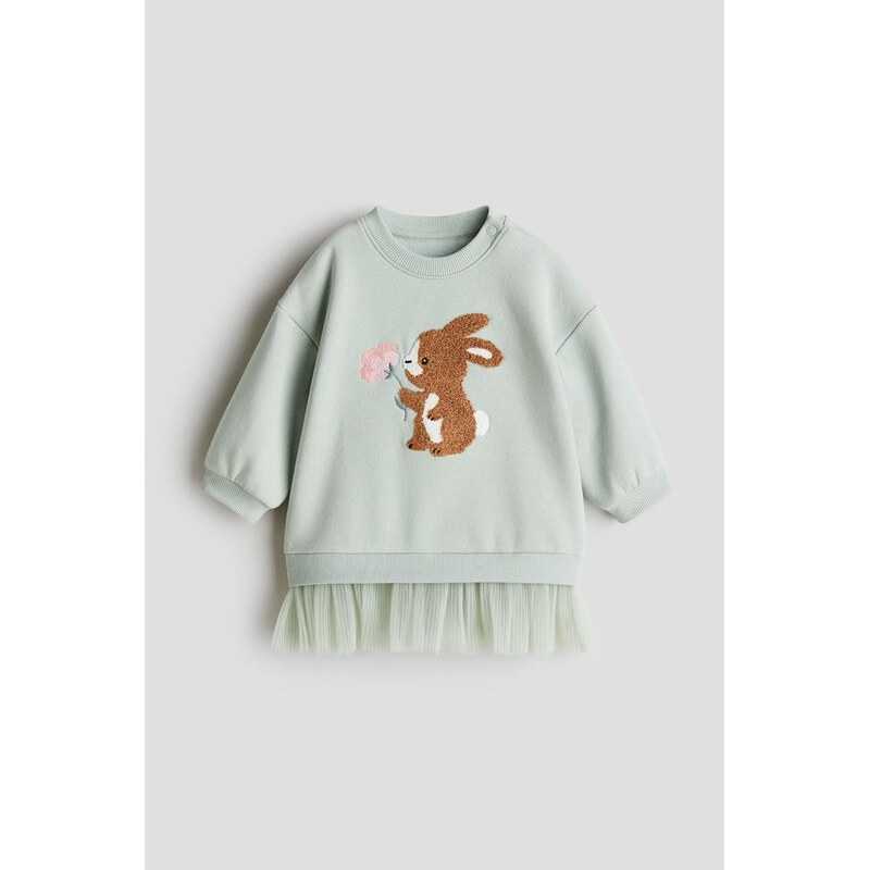 H&M - Teplákové šatys tylovou sukní - Peprmintová/Králíček