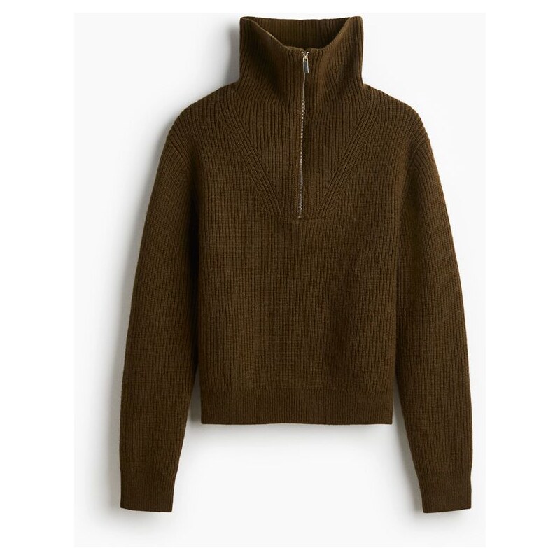 H&M - Svetr z žebrovaného úpletus horním zipem - Tmavě Zelená
