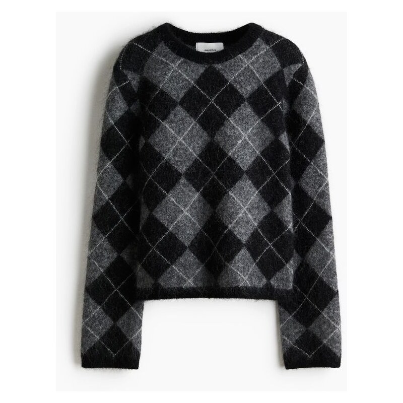 H&M - Svetr z mohérové směsi - Šedá/Kostka Argyle
