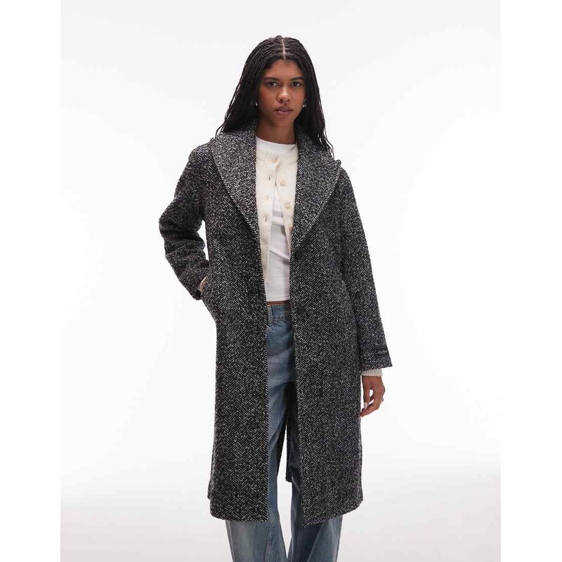 Levis Tessa herringbone long wool coat in black 108969334