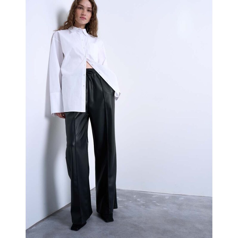 Topshop faux leather wide leg jogger with pinseam detail in