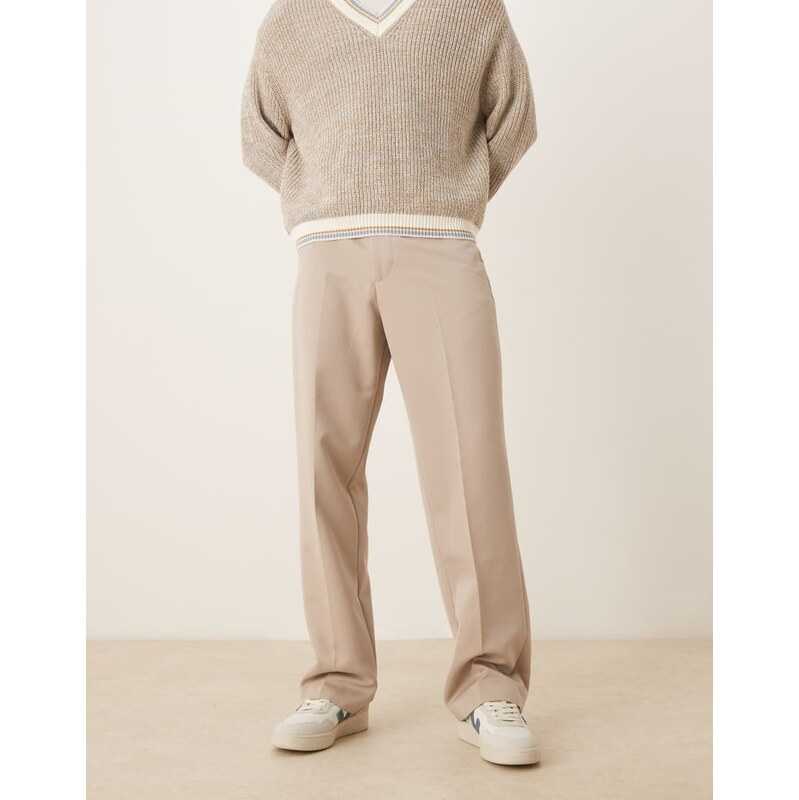 ASOS DESIGN smart wide trousers in stone-Neutral