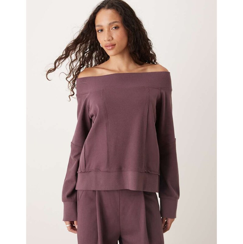 ASOS DESIGN co-ord bardot sweatshirt with waffle panel detail in plum 108969387