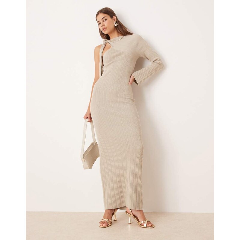 Pretty Lavish asymmetric sparkle knit midaxi dress in taupe-Neutral 108981623