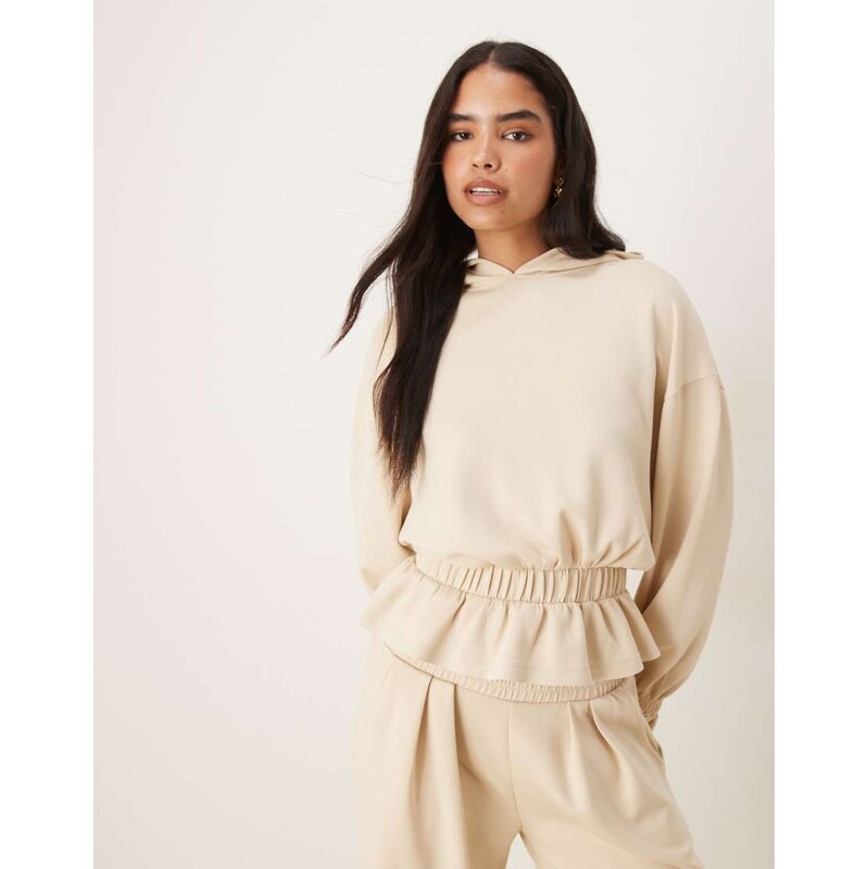ASOS DESIGN soft touch cupro hoodie with frill hem detail in stone 108969447