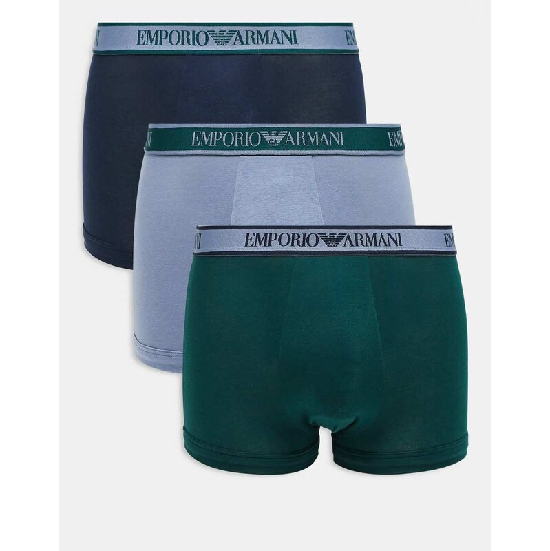 Emporio Armani 3-pack large logo trunks in blue multi