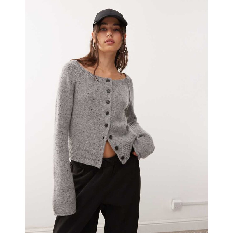 Weekday wool blend off shoulder neppy cardigan in grey 109589130