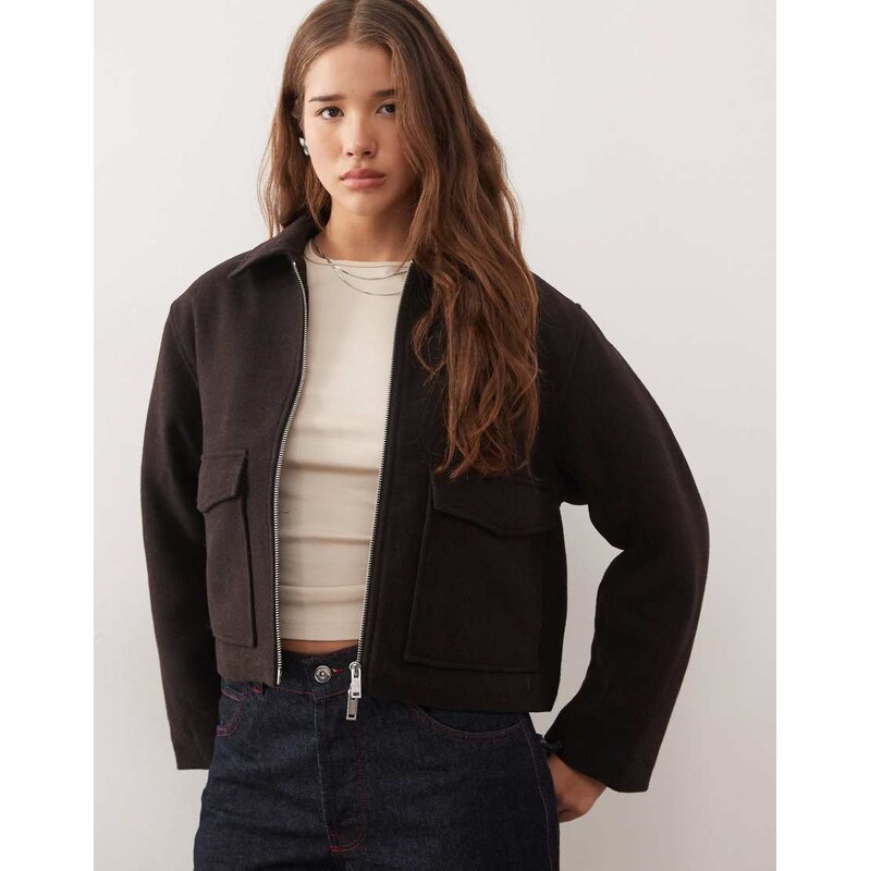 Monki short collared jacket with wool in chocolate brown