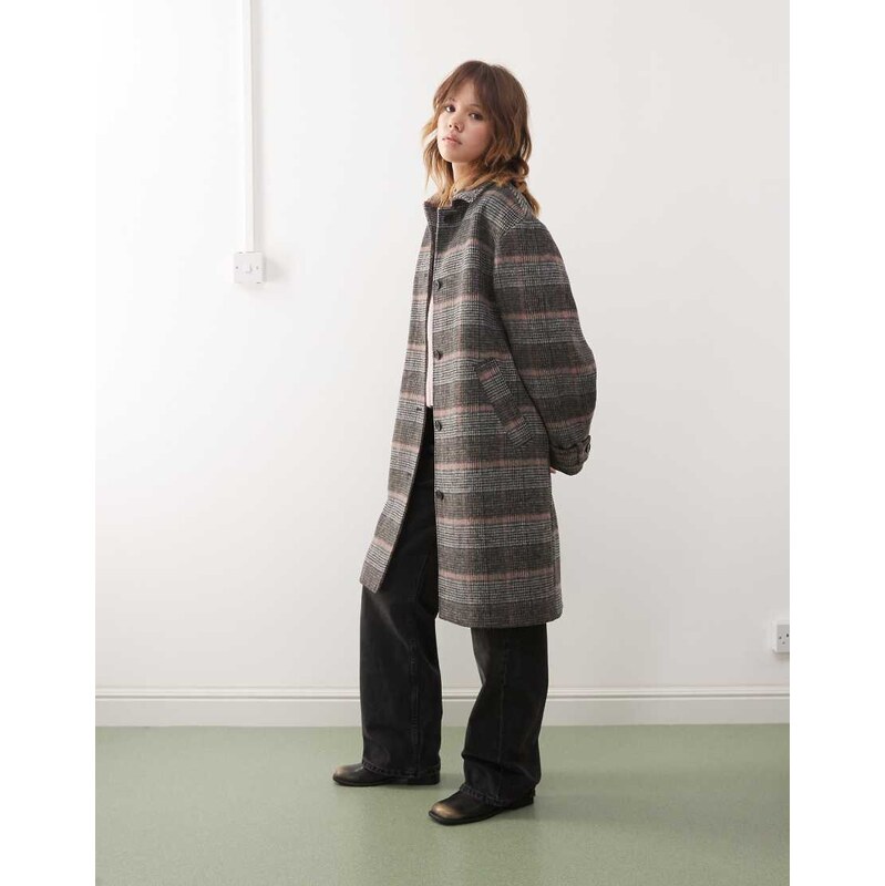 Monki longline coat with wool in grey check 108969660