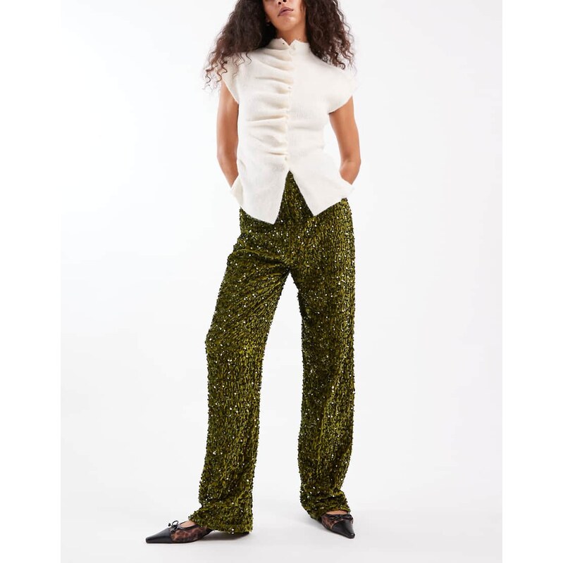 Pieces wide leg velour sequin trousers in olive green 108969674