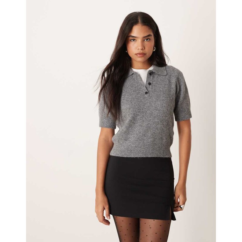 Gina Tricot knited short sleeve collar top in mid grey