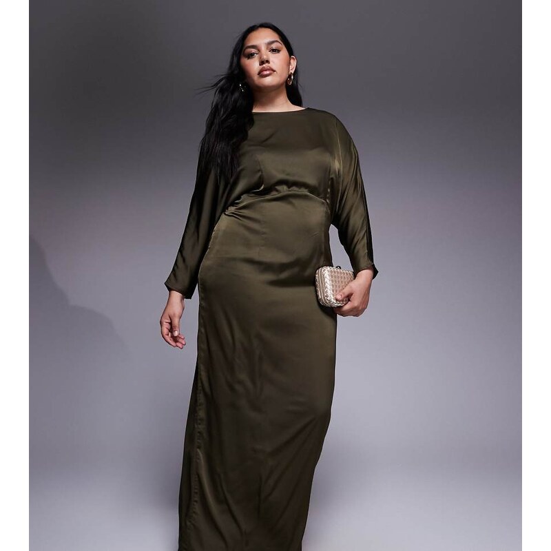 TFNC Plus long sleeve satin cowl back maxi dress in olive green