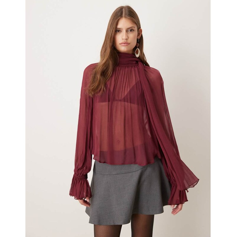 Mango gathered neck blouse in dark red