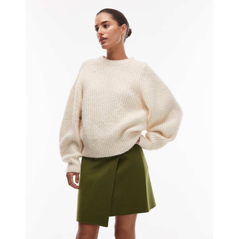 ARKET wool rich mini skirt with front button wrap detail in moss