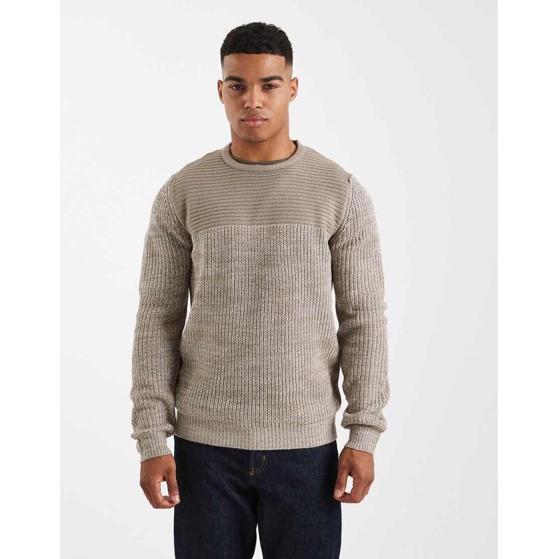 Brave Soul crew neck knitted jumper with contrast panel in grey