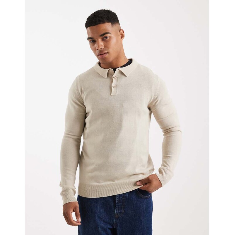 Brave Soul knitted polo shirt in stone-Neutral