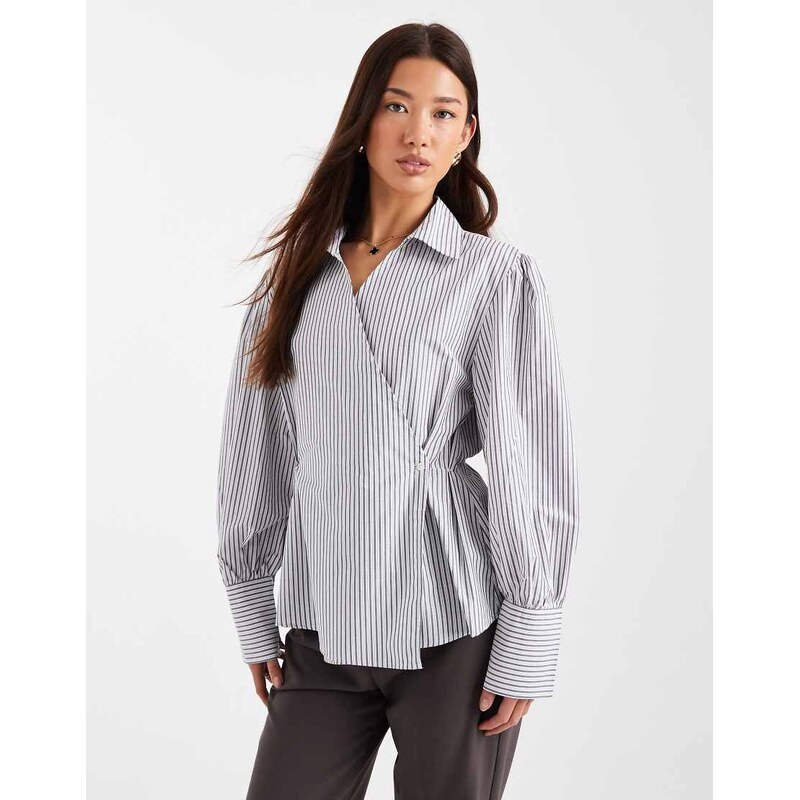 ASOS DESIGN wrap shirt in grey stripe