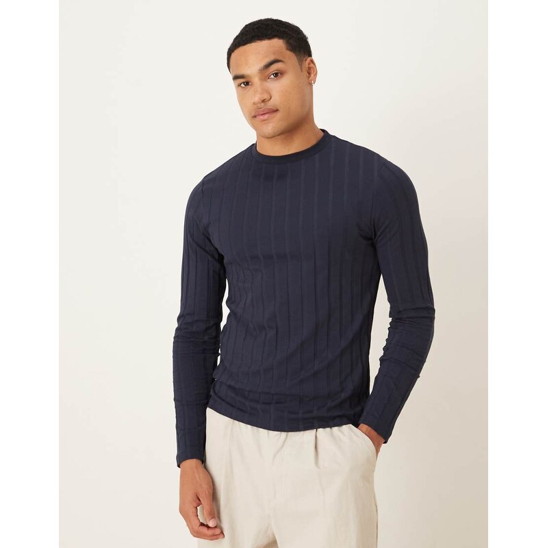ASOS DESIGN slim fit long sleeve t-shirt in navy wide rib
