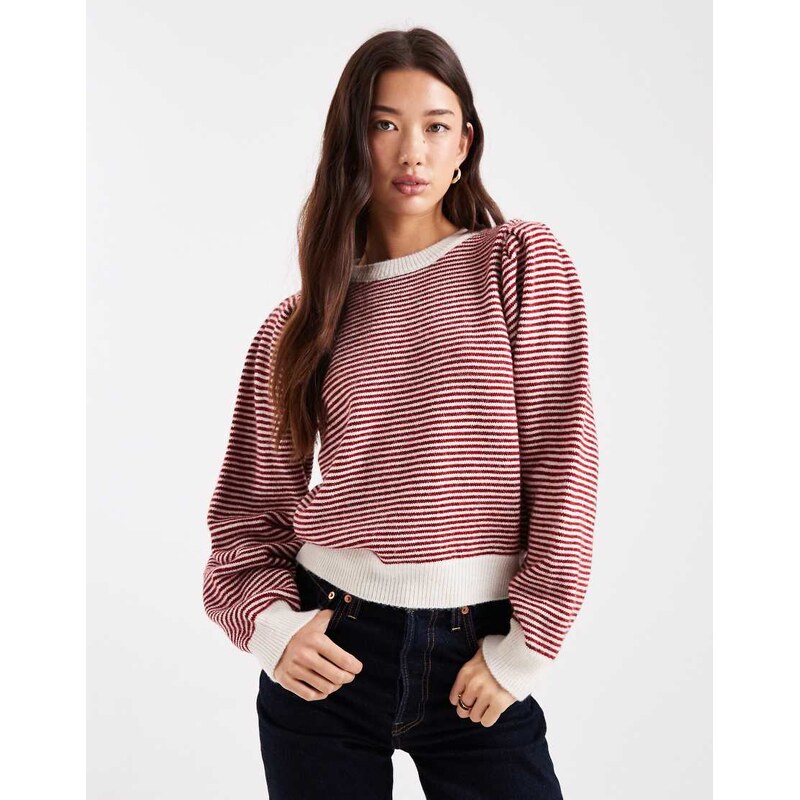 ASOS DESIGN puff sleeve fine stripe jumper in red and cream-Multi 115681804