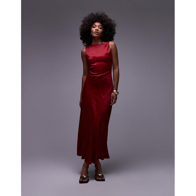 & Other Stories satin crepe midi dress with drape neck in red