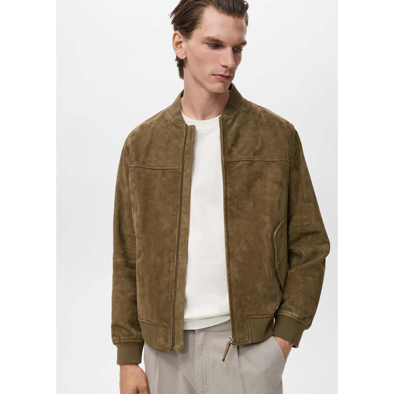 Mango leather bomber jacket in khaki-Green