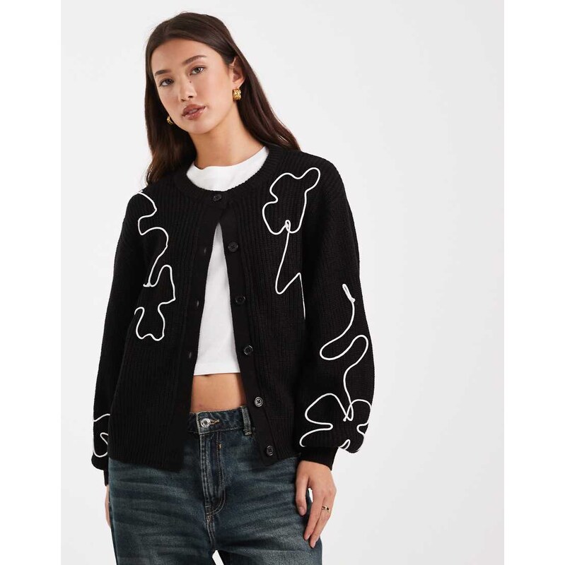Brave Soul crew neck knitted cardigan with contrast embroidery