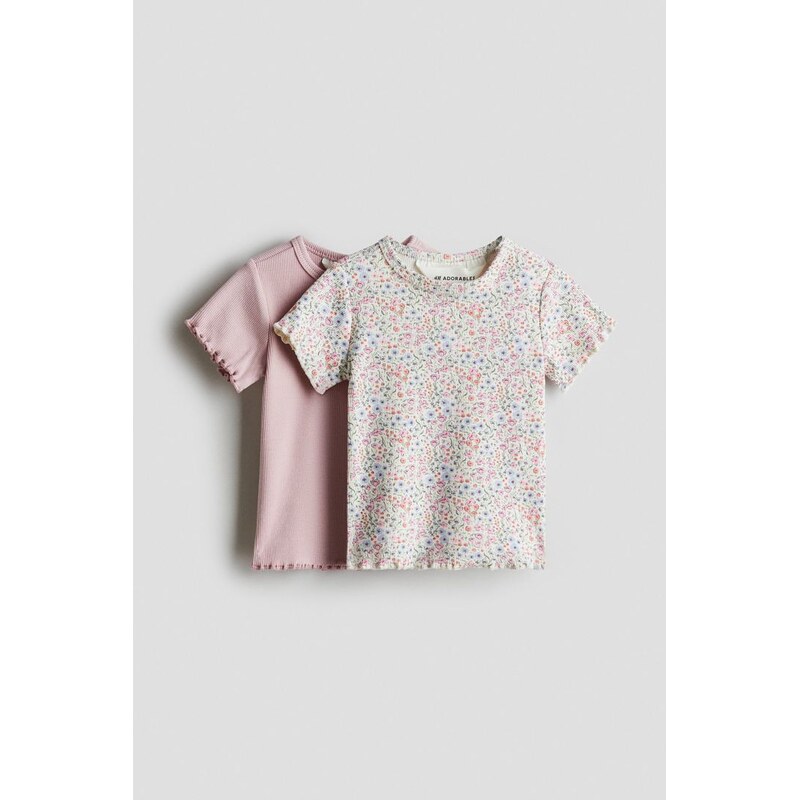 H&M - Žebrované bavlněné tričko 2 kusy - Růžová/Květy