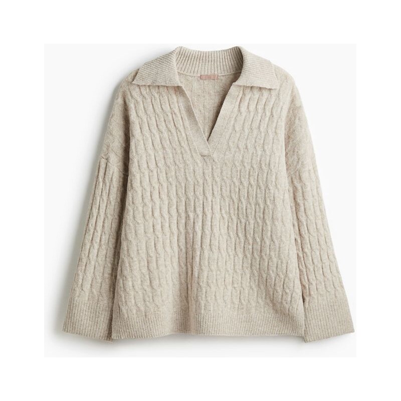 H&M - Svetrs copánkovým vzorem as límečkem - Béžová