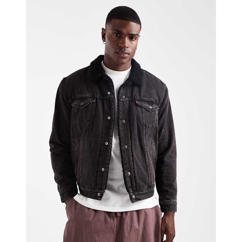 Levis type 3 sherpa denim trucker jacket in washed black