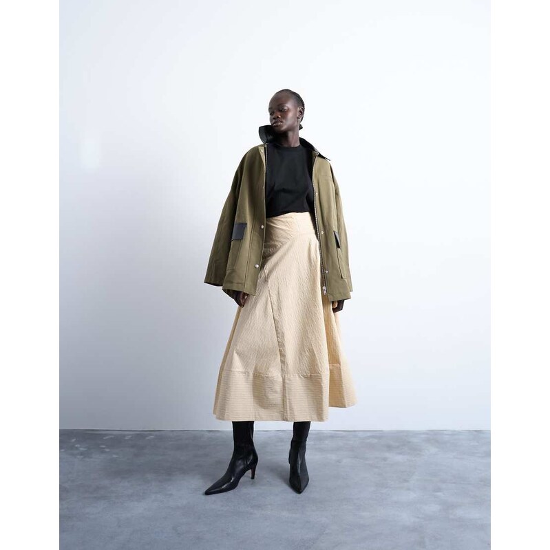 Topshop deep hem midi skirt in beige paper touch stripe-Brown