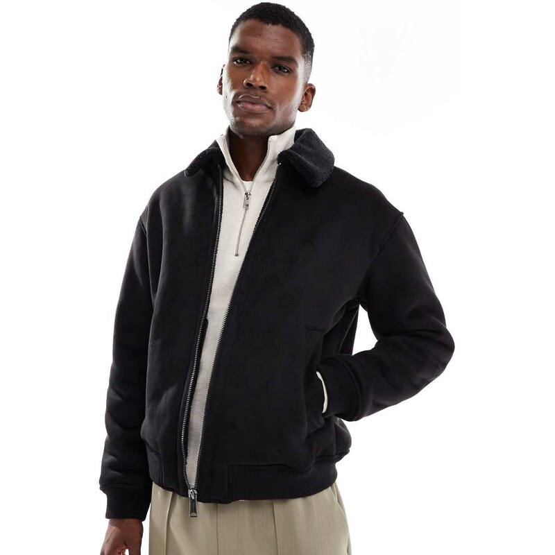 Jack & Jones faux suede bomber with borg collar in black
