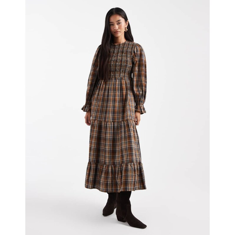 Wednesdays Girl plaid shirred detail midaxi smock dress in multi 108972318