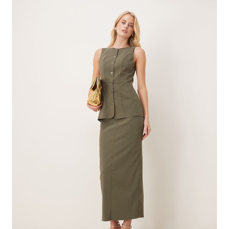 ASOS Tall ASOS DESIGN Tall slash neck button down midi dress in olive 108972386